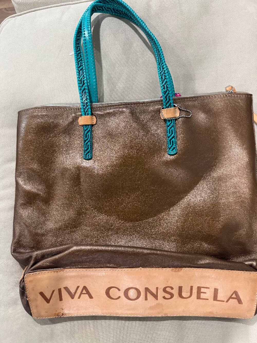 Consuela Large Gold Leather Tote Bag Turquoise Woven Handles